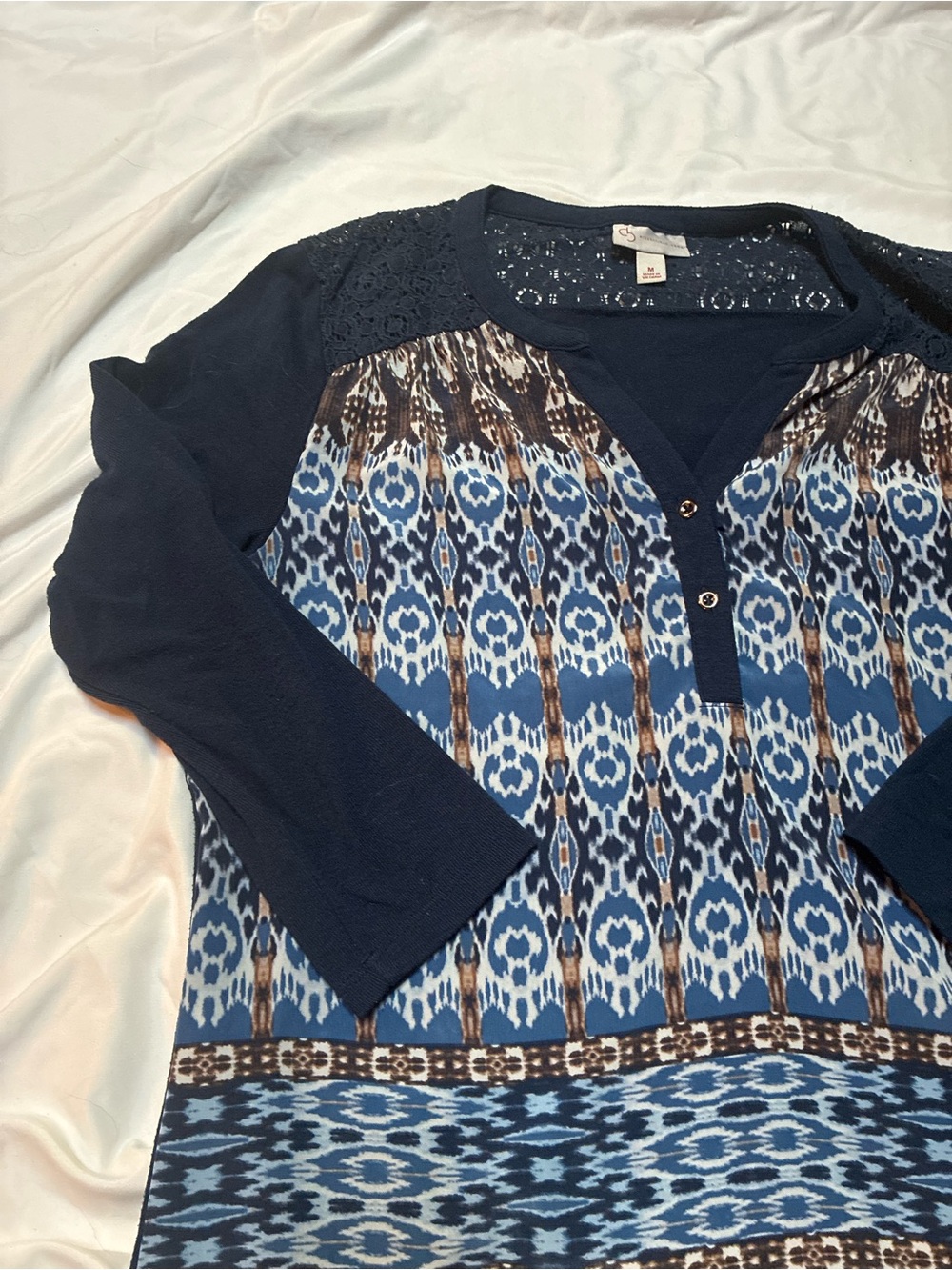 DB Navy Blue Patterned Women's Top Size Medium - Picture 4 of 9